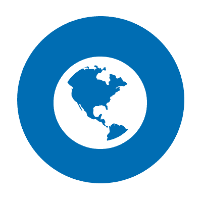 Blue square with a white circle showing a map of North and South America.