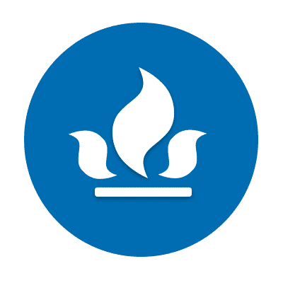 Blue square with a stylized white flame icon in the center.