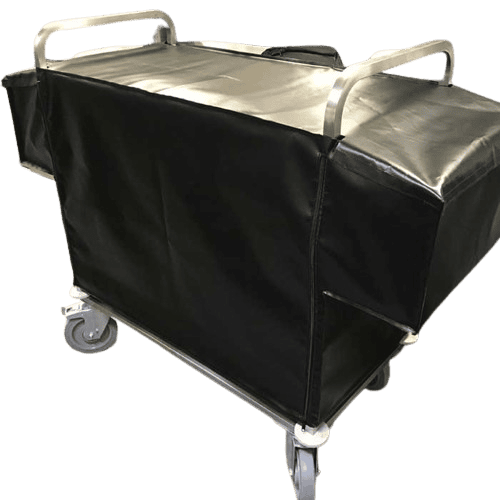 A black laundry cart with a fabric cover, metal frame, and four wheels is shown in the image.
